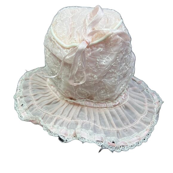 Vintage Baby Bonnet with Wired Rim White and Pink - Picture 3 of 4